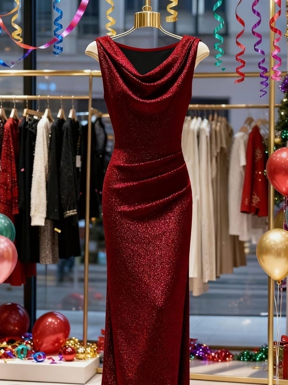 Elegant Red Sequin Cowl Neck Evening Dress